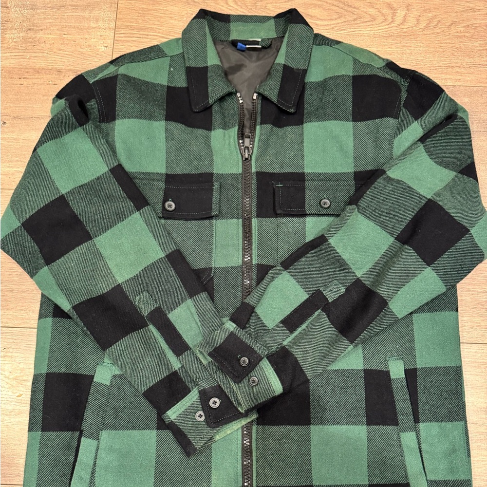 H&M Green and Black Checkered Shirt Jacket